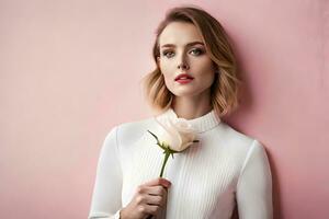 beautiful woman with white rose on pink background. AI-Generated photo