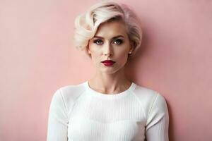 a beautiful blonde woman with short hair and a white top. AI-Generated photo