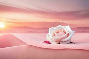 a single rose sits on top of a pink cloth. AI-Generated photo