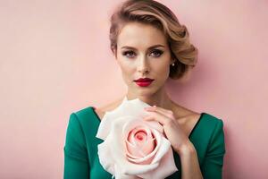 hermosa mujer con Rosa en rosado antecedentes. generado por ai foto