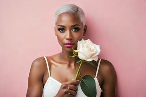 un hermosa negro mujer con blanco flores generado por ai foto