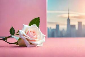 a single rose sits on a pink table with a cityscape in the background. AI-Generated photo