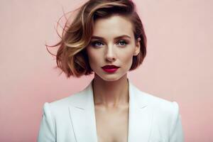 beautiful woman with short hair and red lipstick. AI-Generated photo