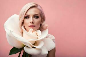 beautiful blonde woman with white rose on pink background. AI-Generated photo