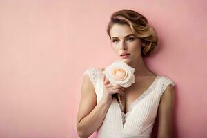 beautiful woman in white wedding dress holding rose. AI-Generated photo