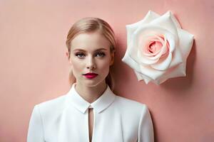 beautiful blonde woman with rose on pink background. AI-Generated photo