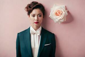 a woman in a suit and bow tie standing next to a rose. AI-Generated photo