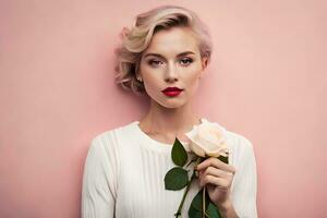 beautiful blonde woman with red lipstick holding a rose. AI-Generated photo