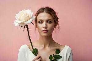 hermosa mujer con blanco Rosa en rosado antecedentes. generado por ai foto