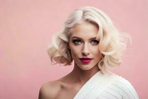 a beautiful blonde woman with short hair and red lipstick. AI-Generated photo