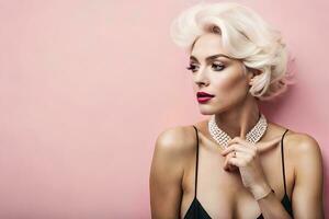 a beautiful blonde woman with a pearl necklace and a pearl necklace. AI-Generated photo