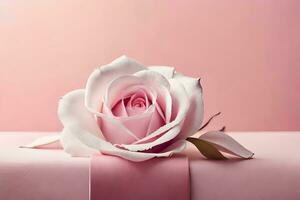 a single rose sits on a pink background. AI-Generated photo