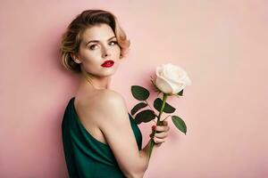 hermosa mujer con Rosa en rosado antecedentes. generado por ai foto