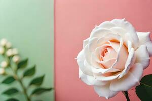 white rose on pink and green background. AI-Generated photo