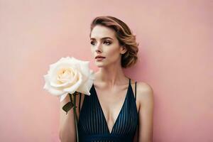 beautiful woman holding a white rose against a pink background. AI-Generated photo
