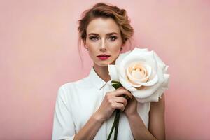 beautiful woman holding white rose on pink background. AI-Generated photo