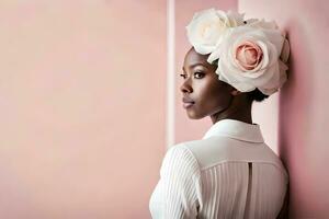 hermosa africano americano mujer con flor venda. generado por ai foto