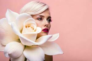 hermosa rubia mujer con blanco flor en rosado antecedentes. generado por ai foto