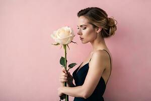 hermosa mujer con blanco Rosa en rosado antecedentes. generado por ai foto