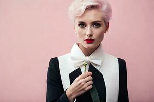 a woman with pink hair and a white shirt and bow tie. AI-Generated photo