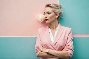 a woman in a suit and pink and blue background. AI-Generated photo