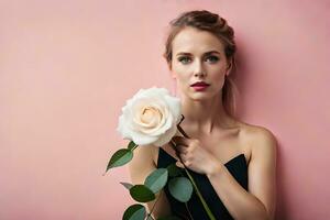 hermosa mujer con Rosa en rosado antecedentes. generado por ai foto