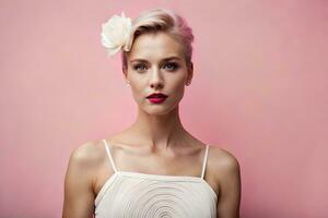 un mujer con un blanco vestir y rosado labios. generado por ai foto