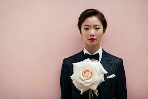a woman in a suit and tie holding a rose. AI-Generated photo