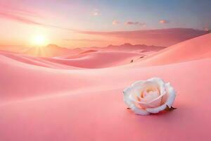 a single rose sits in the middle of a pink desert. AI-Generated photo