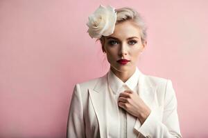 a woman in a white suit and white rose on her head. AI-Generated photo