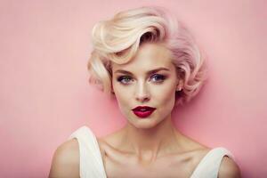 a woman with a pink background and a bright red lipstick. AI-Generated photo