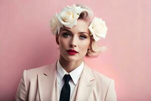 a woman wearing a flower crown and a suit. AI-Generated photo