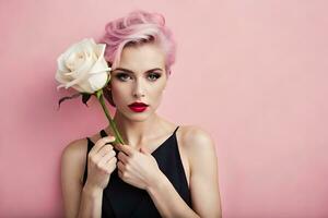 a woman with pink hair holding a rose. AI-Generated photo