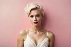 beautiful blonde woman with short hair and pink background. AI-Generated photo