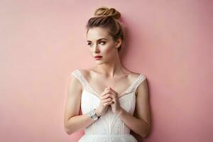 a woman in a white dress posing against a pink wall. AI-Generated photo