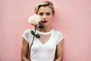 un mujer participación un Rosa en contra un rosado antecedentes. generado por ai foto