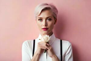 a woman with short pink hair and a white rose. AI-Generated photo
