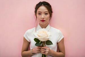 a woman holding a white rose in front of a pink background. AI-Generated photo