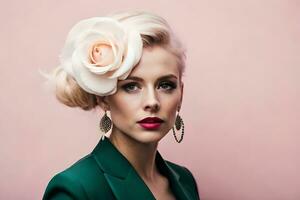 hermosa rubia mujer con un flor en su cabello. generado por ai foto