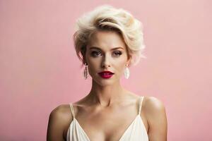 a beautiful blonde woman with short hair and red lips. AI-Generated photo