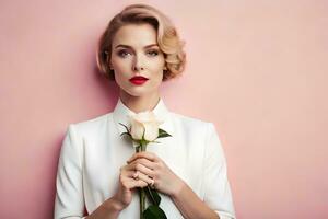 beautiful woman with red lipstick holding a rose. AI-Generated photo