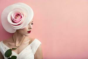 hermosa mujer en blanco sombrero con rosado Rosa. generado por ai foto