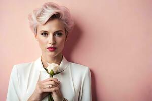 a woman with pink hair and white blazer holding a rose. AI-Generated photo