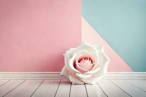 un Rosa sentado en un de madera piso en frente de un rosado y azul pared. generado por ai foto