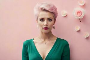 a woman with pink hair and green dress. AI-Generated photo