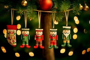 hanging red Christmas stockings filled with gifts, copy space, green background. AI generative photo