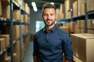 Smiling business man with box in warehouse. Generative IA photo