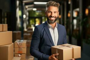 Smiling business man with box in warehouse. Generative IA photo