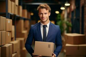 Smiling business man with box in warehouse. Generative IA photo