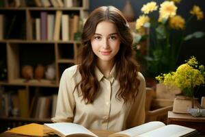 Close up portrait of young beautiful woman smiling while working in office. Generative AI technology photo